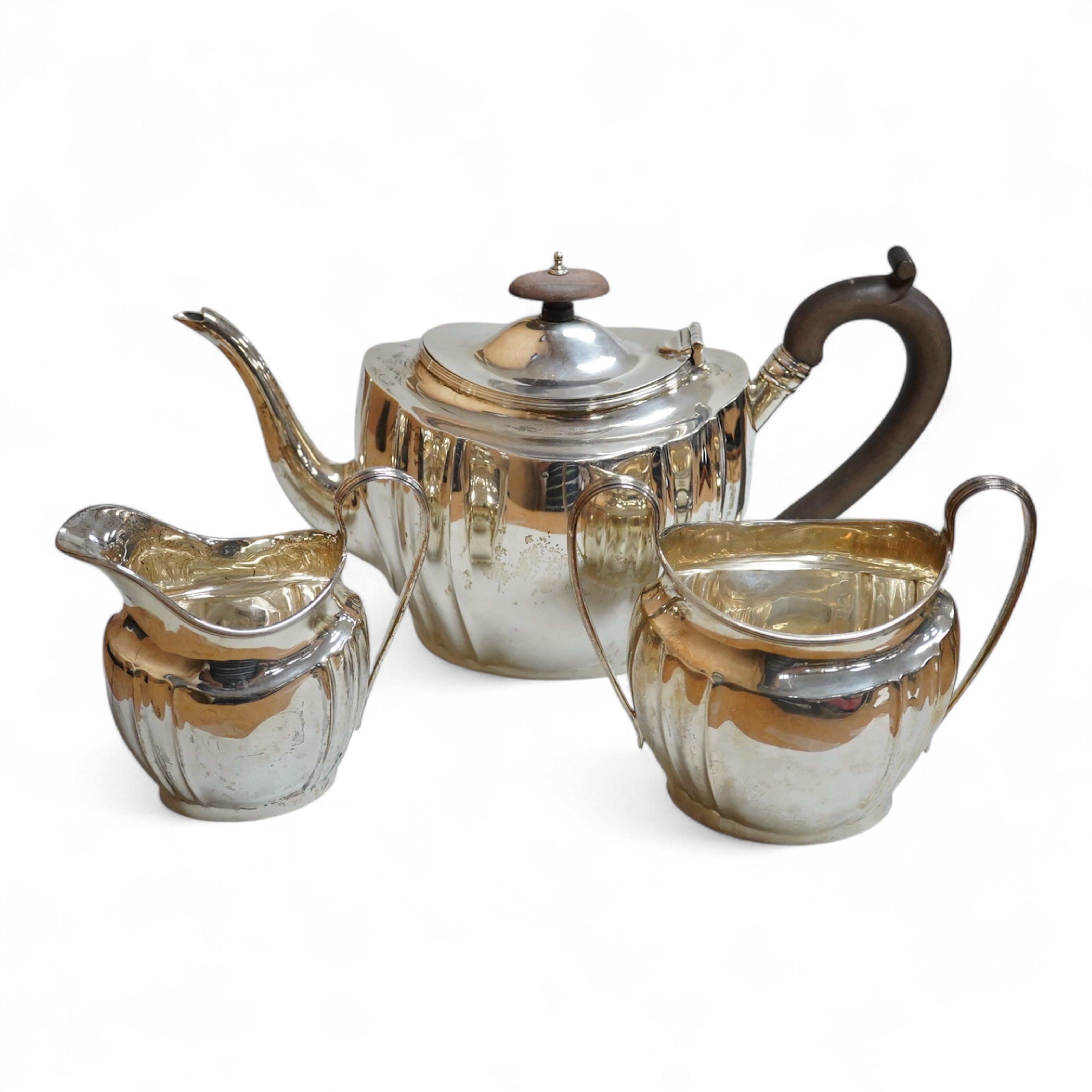A George V silver three piece oval tea set, by S. Blanckensee & Son, Birmingham, 1918/19, gross weight 31oz.